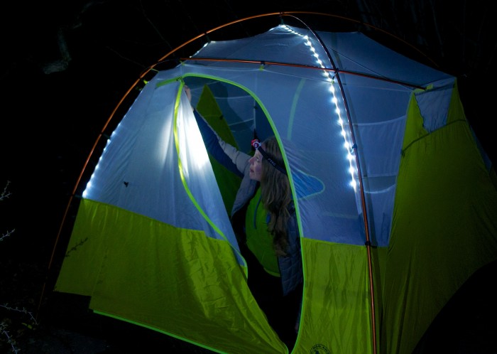 The Big Agnes mtnGLO Tent with built-in LED lighting.
